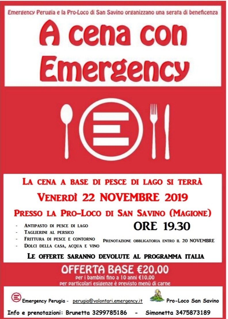 Magione, venerdì 22 novembre tutti "A cena con Emergency"