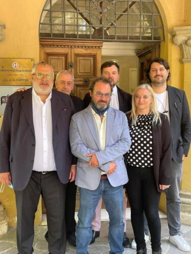 Da sinistra assessore Fioroni, ing Domenico Pausini, prof Gianluca Rossi, Alessandro Ricci, amministratore 3DiFic dott.ssa Maria Brizi, Luca Di Renzo partner 3DiFic